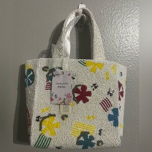 Handcrafted in India White Floral Beaded Tote Bag Purse NWT TikTok Viral